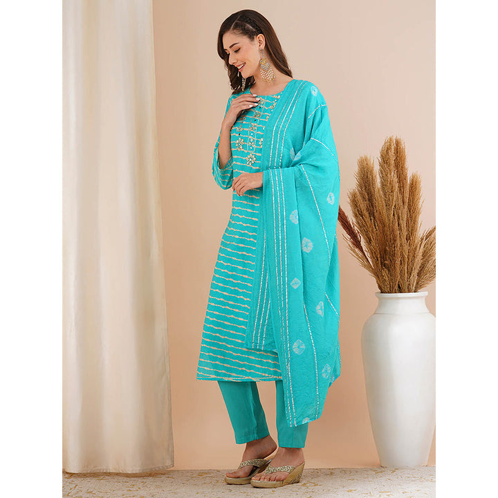 FASHOR Turquoise Blue Leheriya Printed Kurta with Pant and Dupatta (Set of 3)