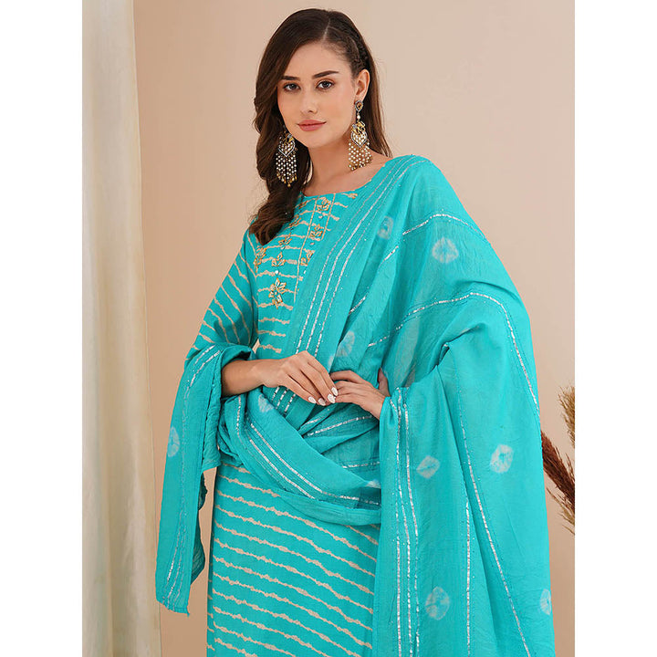 FASHOR Turquoise Blue Leheriya Printed Kurta with Pant and Dupatta (Set of 3)