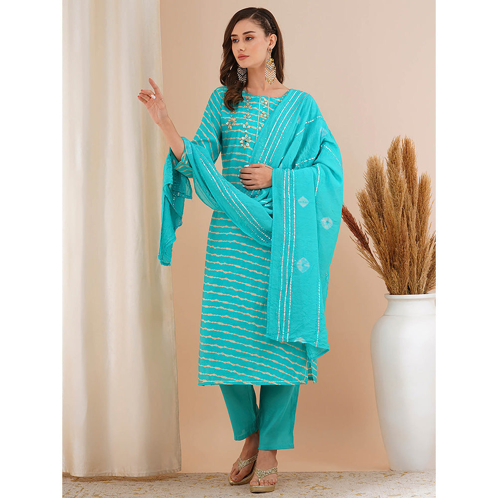 FASHOR Turquoise Blue Leheriya Printed Kurta with Pant and Dupatta (Set of 3)