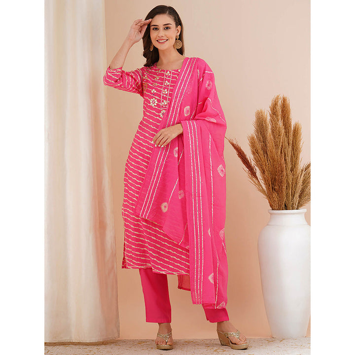 FASHOR Pink Leheriya Printed Kurta with Pant and Dupatta (Set of 3)