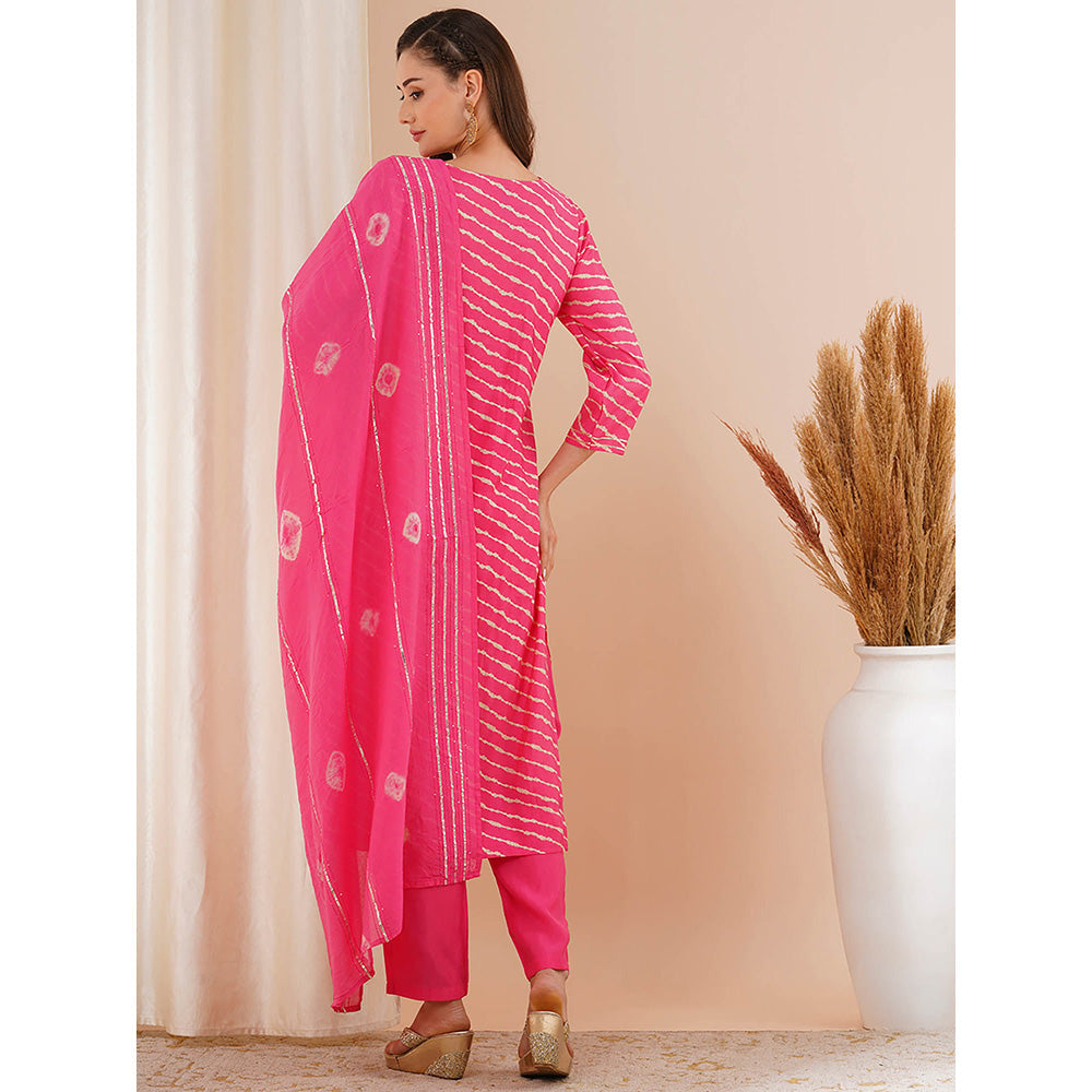 FASHOR Pink Leheriya Printed Kurta with Pant and Dupatta (Set of 3)