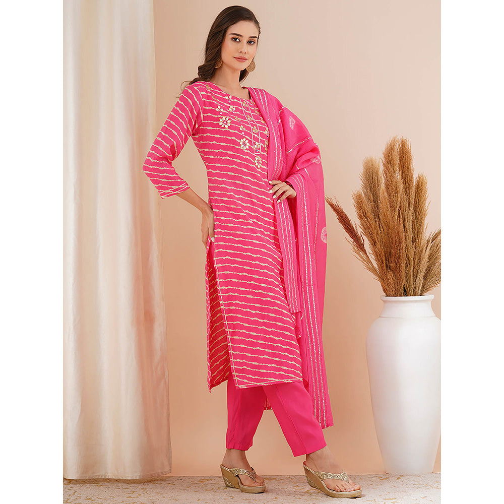 FASHOR Pink Leheriya Printed Kurta with Pant and Dupatta (Set of 3)