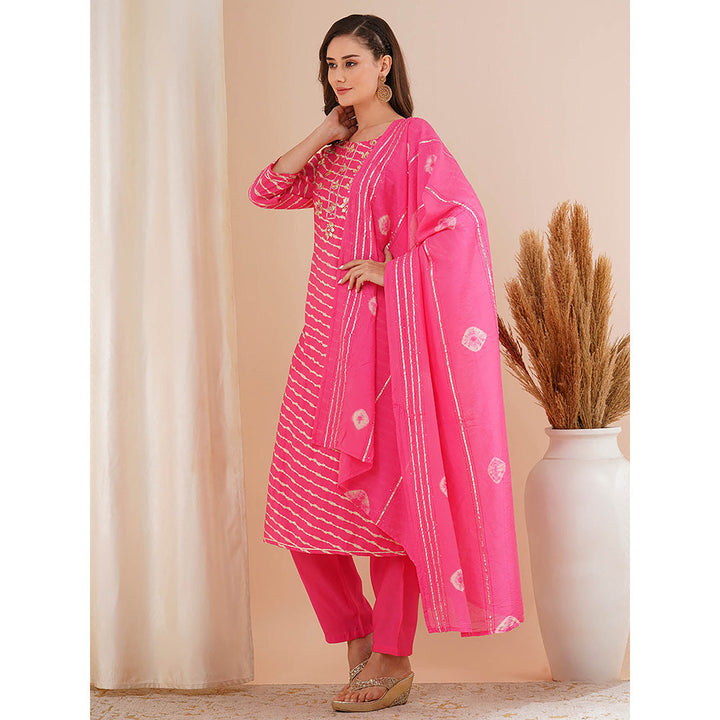 FASHOR Pink Leheriya Printed Kurta with Pant and Dupatta (Set of 3)