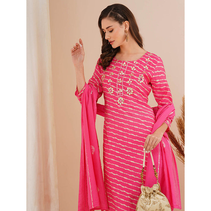 FASHOR Pink Leheriya Printed Kurta with Pant and Dupatta (Set of 3)