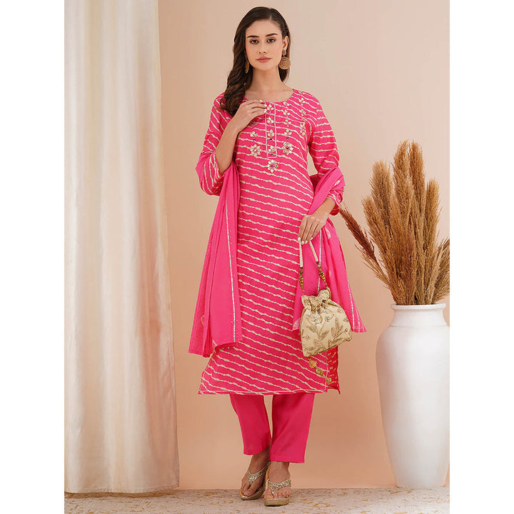 FASHOR Pink Leheriya Printed Kurta with Pant and Dupatta (Set of 3)