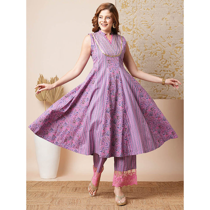 FASHOR Lavender Stripes and Paisley Printed A-Line Anarkali Kurta with Palazzo (Set of 2)