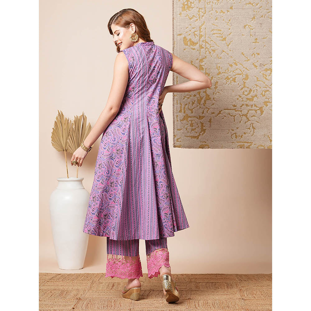 FASHOR Lavender Stripes and Paisley Printed A-Line Anarkali Kurta with Palazzo (Set of 2)