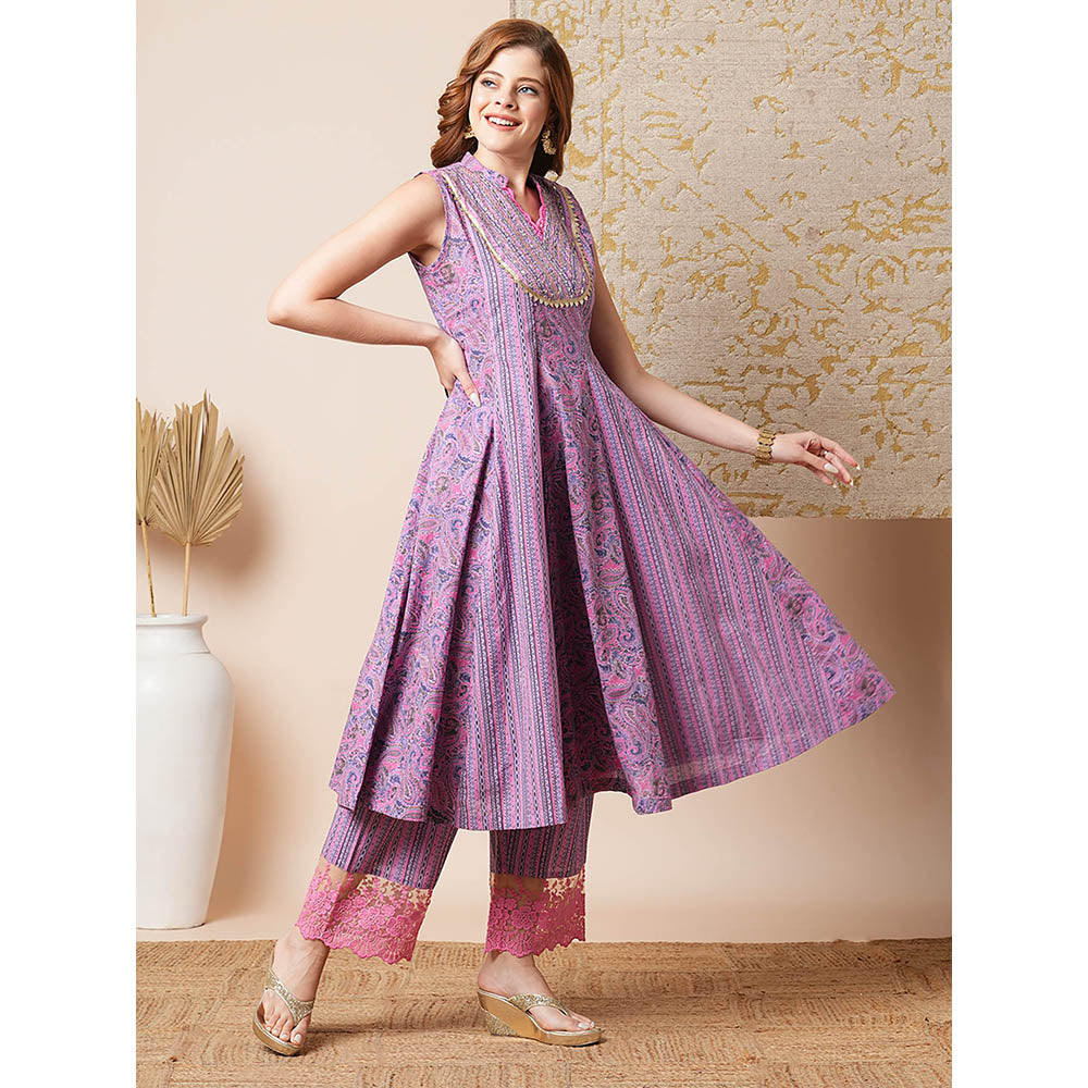 FASHOR Lavender Stripes and Paisley Printed A-Line Anarkali Kurta with Palazzo (Set of 2)