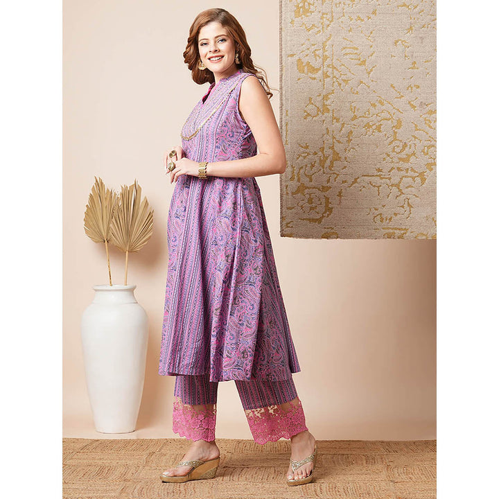 FASHOR Lavender Stripes and Paisley Printed A-Line Anarkali Kurta with Palazzo (Set of 2)