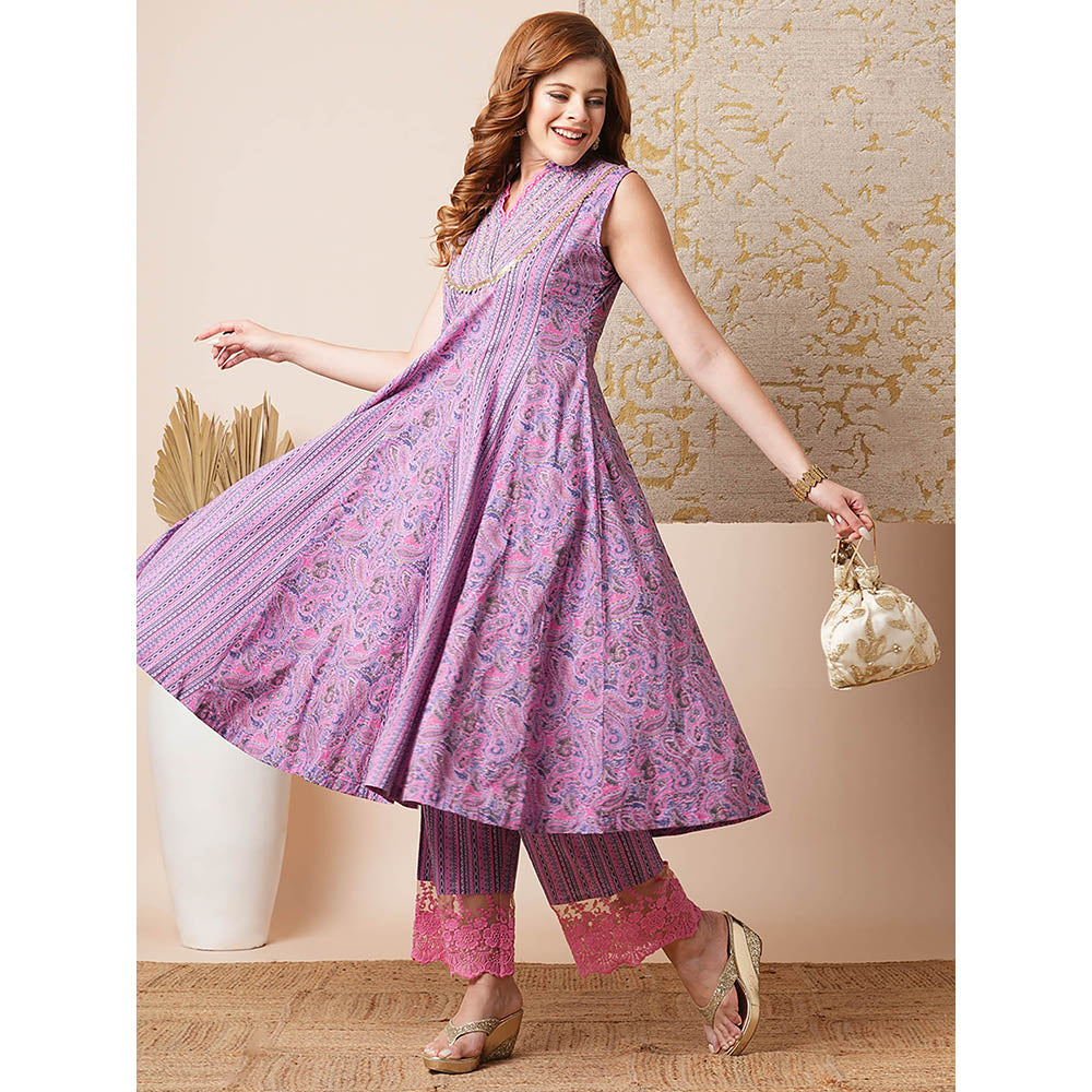 FASHOR Lavender Stripes and Paisley Printed A-Line Anarkali Kurta with Palazzo (Set of 2)