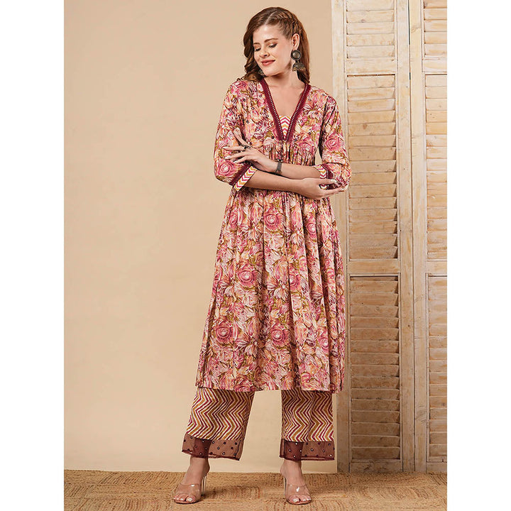 FASHOR Maroon Floral Printed A-Line Pleated Kurta with Palazzo (Set of 2)