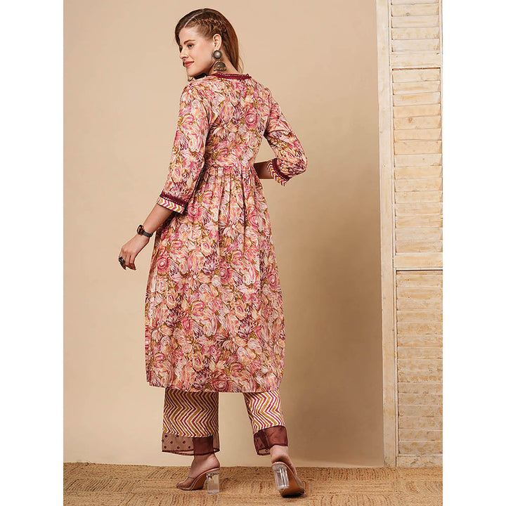 FASHOR Maroon Floral Printed A-Line Pleated Kurta with Palazzo (Set of 2)