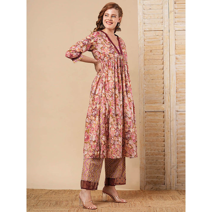 FASHOR Maroon Floral Printed A-Line Pleated Kurta with Palazzo (Set of 2)