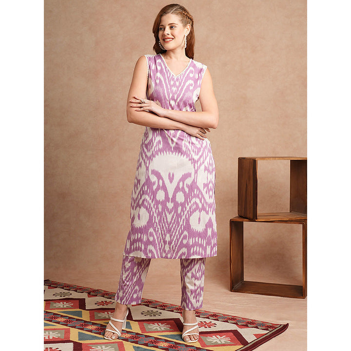 FASHOR Lavender Ikat Printed Straight Fit Kurta and Pant (Set of 2)