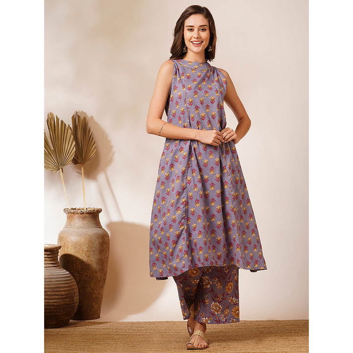 FASHOR Lavender Floral Printed A-Line Fit Kurta and Palazzo (Set of 2)