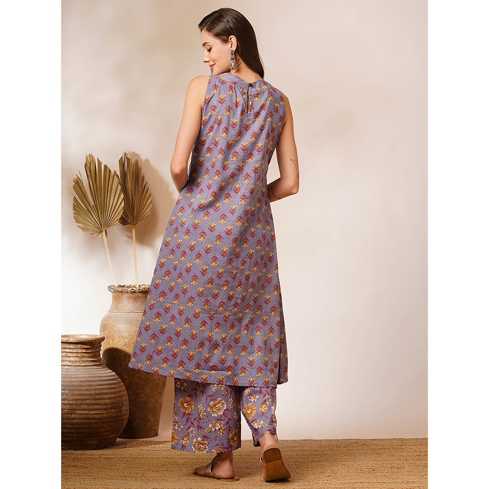 FASHOR Lavender Floral Printed A-Line Fit Kurta and Palazzo (Set of 2)