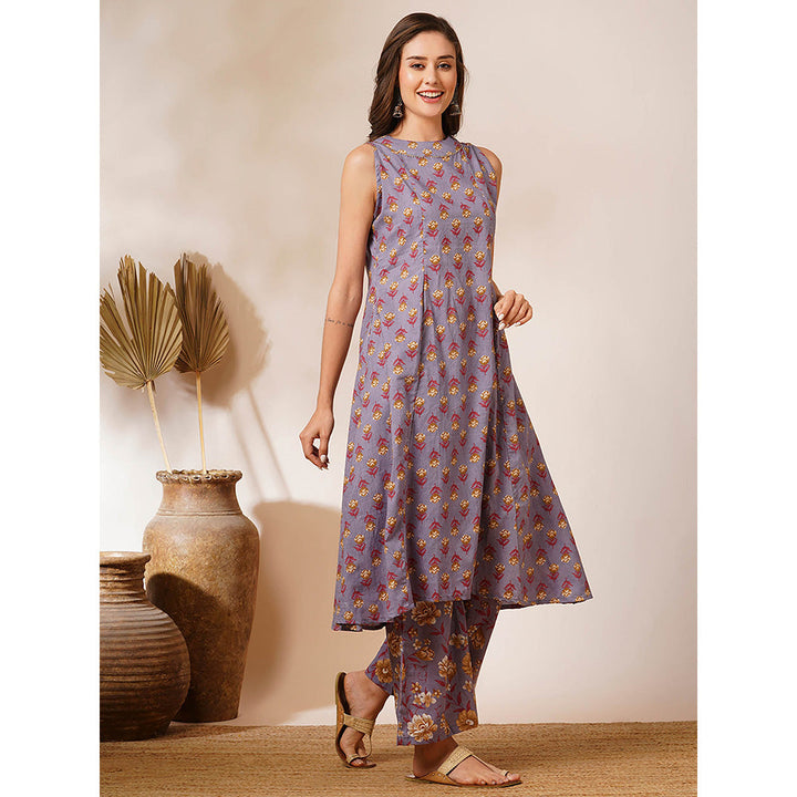 FASHOR Lavender Floral Printed A-Line Fit Kurta and Palazzo (Set of 2)