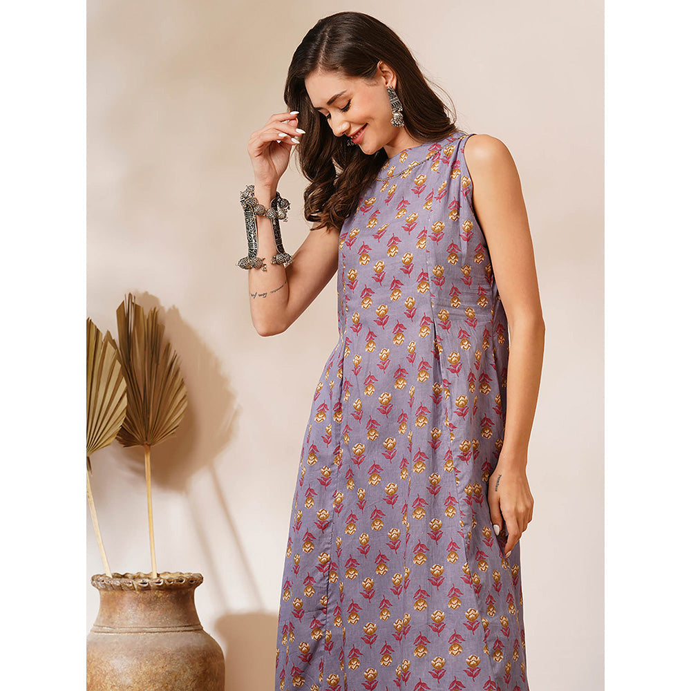 FASHOR Lavender Floral Printed A-Line Fit Kurta and Palazzo (Set of 2)