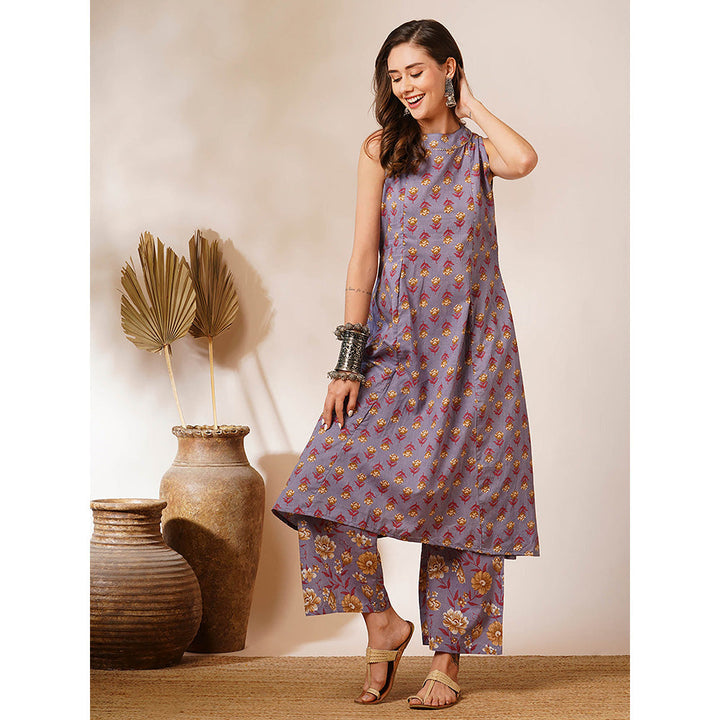 FASHOR Lavender Floral Printed A-Line Fit Kurta and Palazzo (Set of 2)