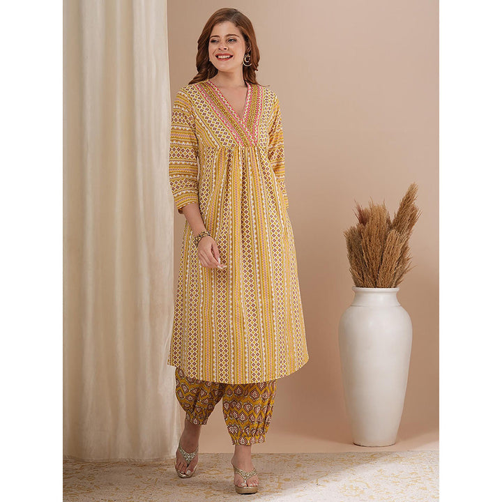 FASHOR Ethnic Stipes Printed A-Line Pleated Kurta with Balloon Pant - Yellow (Set of 2)