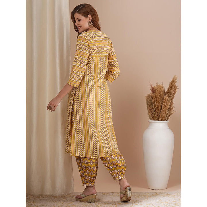 FASHOR Ethnic Stipes Printed A-Line Pleated Kurta with Balloon Pant - Yellow (Set of 2)