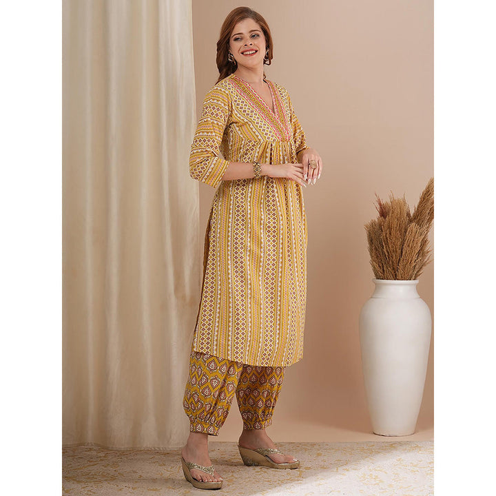 FASHOR Ethnic Stipes Printed A-Line Pleated Kurta with Balloon Pant - Yellow (Set of 2)