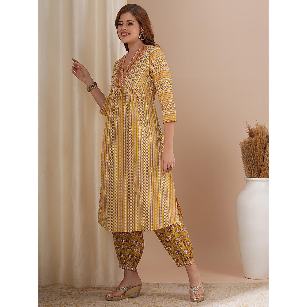 FASHOR Ethnic Stipes Printed A-Line Pleated Kurta with Balloon Pant - Yellow (Set of 2)