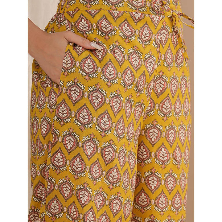 FASHOR Ethnic Stipes Printed A-Line Pleated Kurta with Balloon Pant - Yellow (Set of 2)