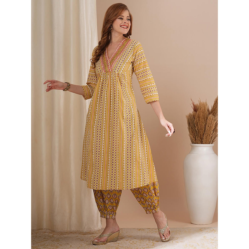 FASHOR Ethnic Stipes Printed A-Line Pleated Kurta with Balloon Pant - Yellow (Set of 2)