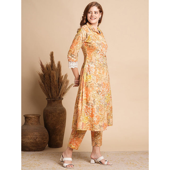 FASHOR Abstract Floral Foil Printed A-Line Paneled Kurta with Pant (Set of 2)