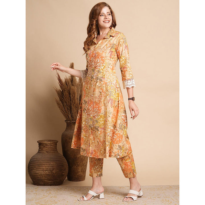 FASHOR Abstract Floral Foil Printed A-Line Paneled Kurta with Pant (Set of 2)