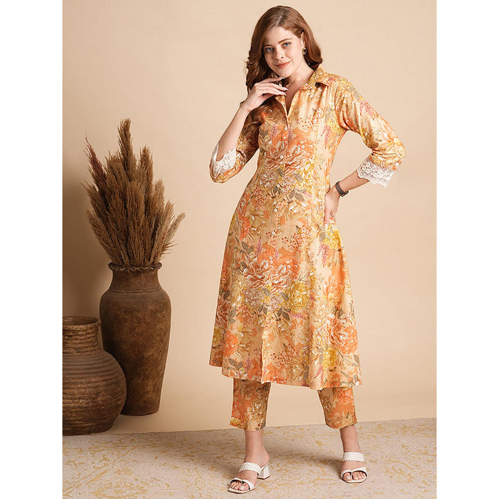 FASHOR Abstract Floral Foil Printed A-Line Paneled Kurta with Pant (Set of 2)