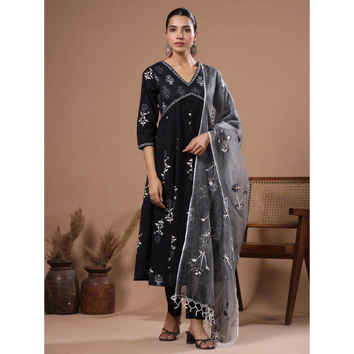 FASHOR Black Printed Anarkali Kurta with Pant and Dupatta (Set of 3)