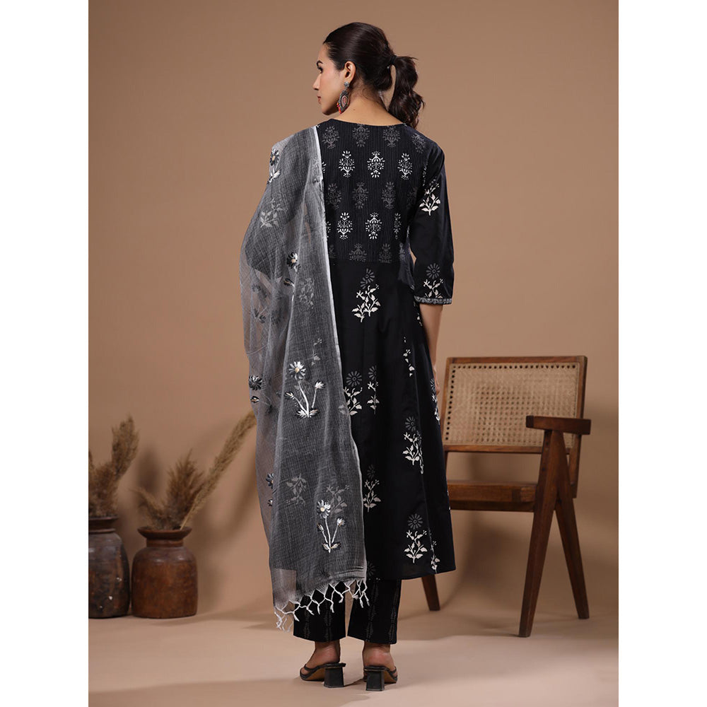 FASHOR Black Printed Anarkali Kurta with Pant and Dupatta (Set of 3)