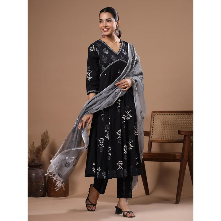 FASHOR Black Printed Anarkali Kurta with Pant and Dupatta (Set of 3)