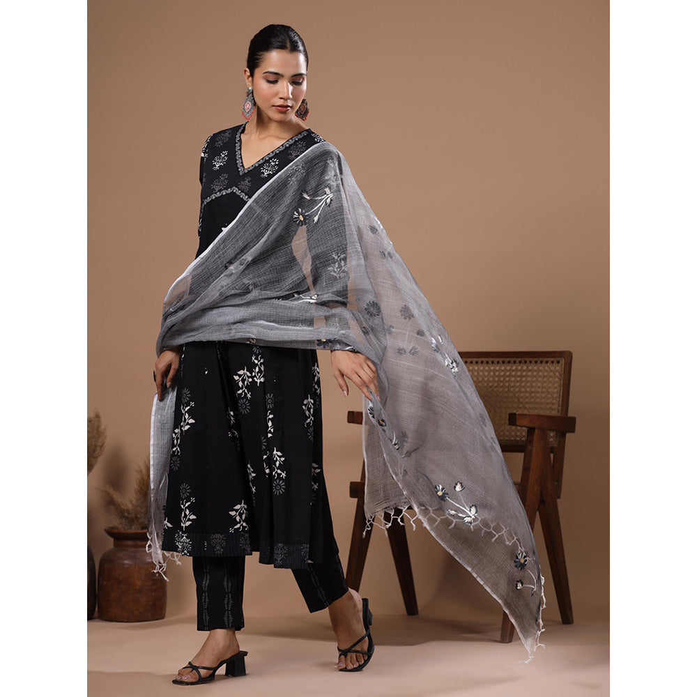 FASHOR Black Printed Anarkali Kurta with Pant and Dupatta (Set of 3)