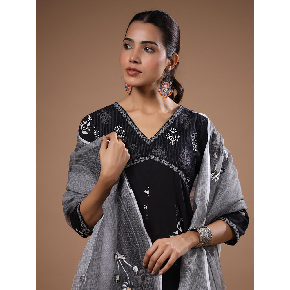 FASHOR Black Printed Anarkali Kurta with Pant and Dupatta (Set of 3)