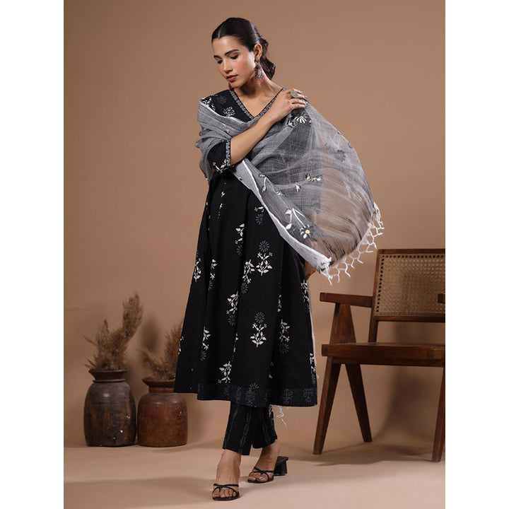 FASHOR Black Printed Anarkali Kurta with Pant and Dupatta (Set of 3)