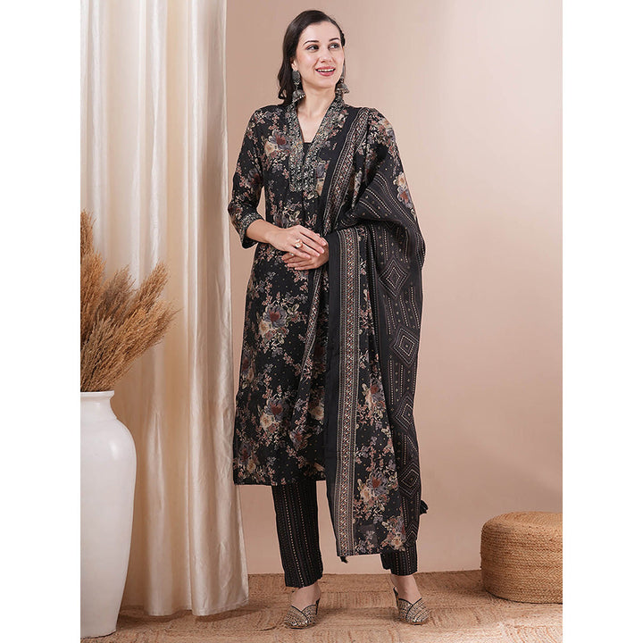 FASHOR Floral Printed Embroidered Kurta with Pant and Dupatta (Set of 3)