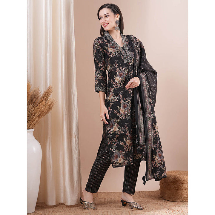 FASHOR Floral Printed Embroidered Kurta with Pant and Dupatta (Set of 3)