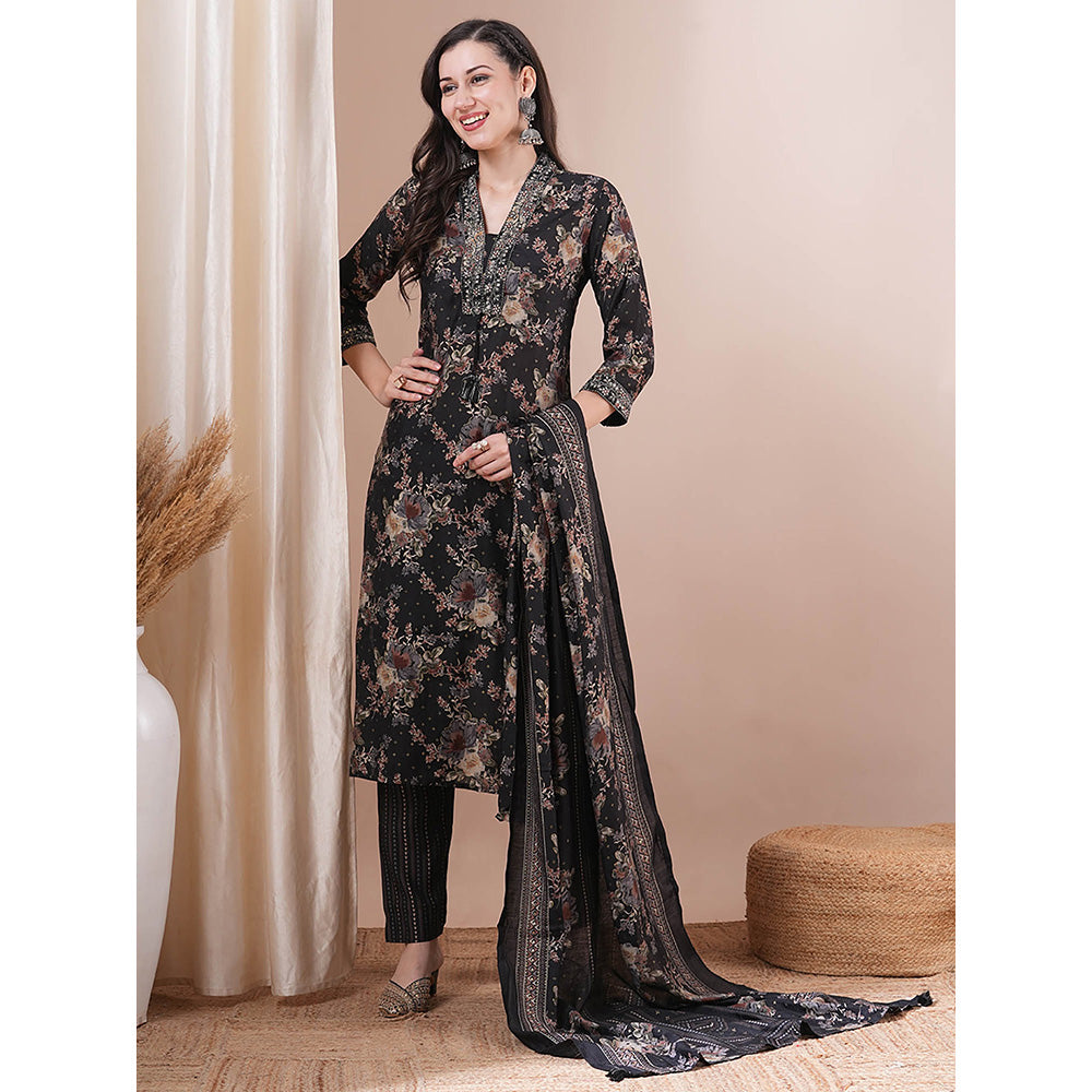 FASHOR Floral Printed Embroidered Kurta with Pant and Dupatta (Set of 3)