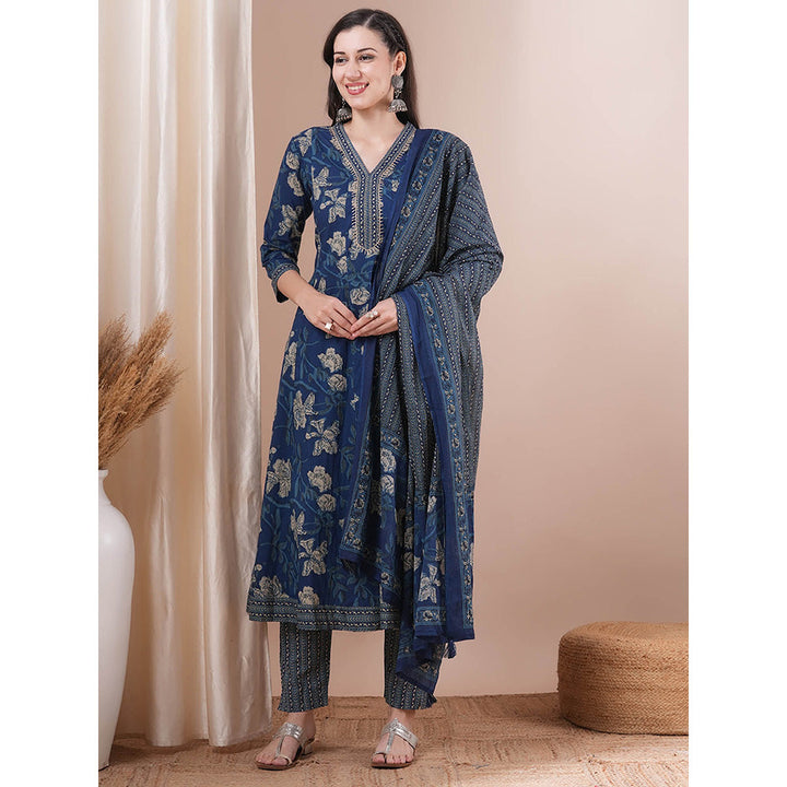 FASHOR Blue Floral Embroidered Anarkali Kurta with Pant and Dupatta (Set of 3)