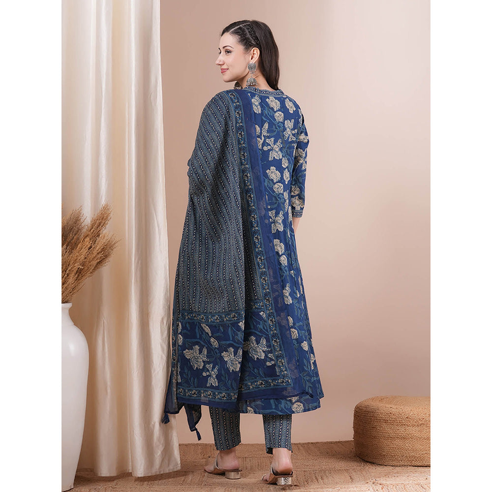 FASHOR Blue Floral Embroidered Anarkali Kurta with Pant and Dupatta (Set of 3)