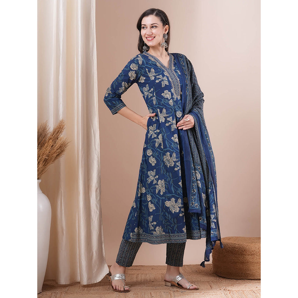 FASHOR Blue Floral Embroidered Anarkali Kurta with Pant and Dupatta (Set of 3)