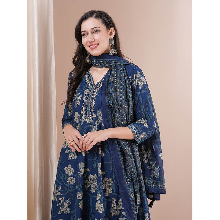 FASHOR Blue Floral Embroidered Anarkali Kurta with Pant and Dupatta (Set of 3)