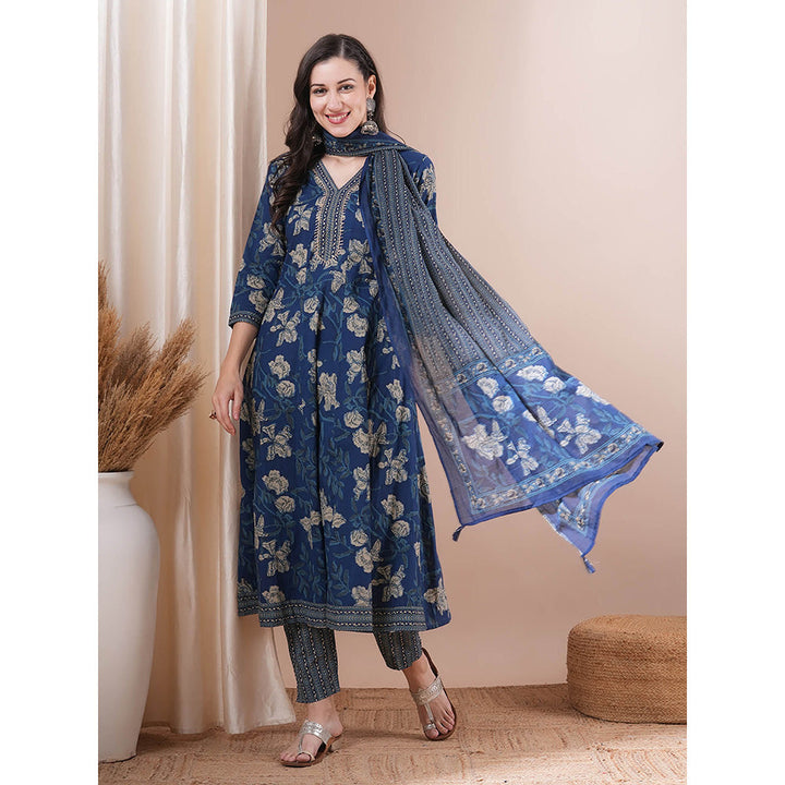 FASHOR Blue Floral Embroidered Anarkali Kurta with Pant and Dupatta (Set of 3)