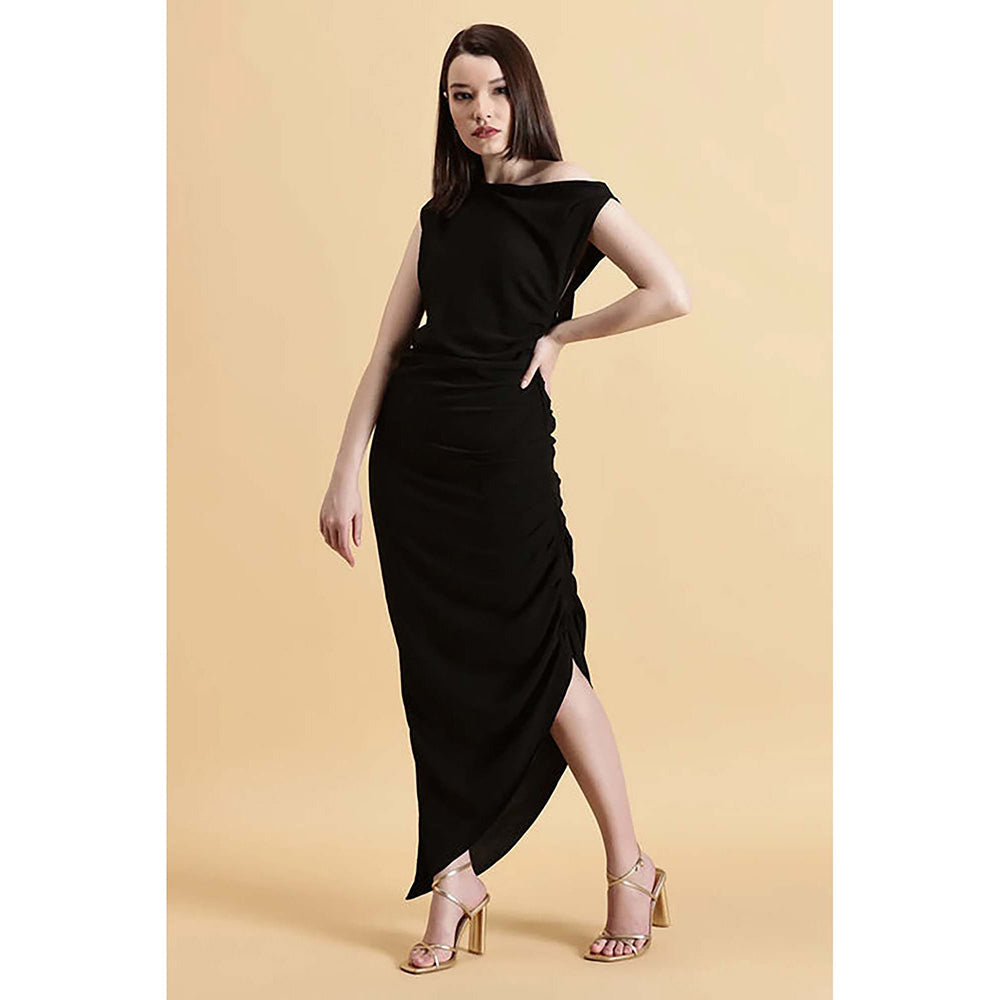 Fawn 24 Black Crepe Asymmetrical Solid/Plain Sleeveless Midi Dress