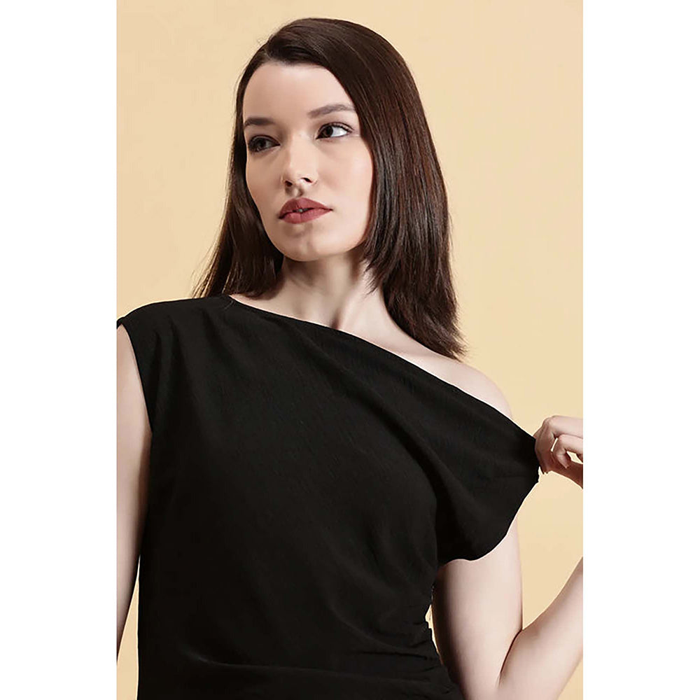 Fawn 24 Black Crepe Asymmetrical Solid/Plain Sleeveless Midi Dress