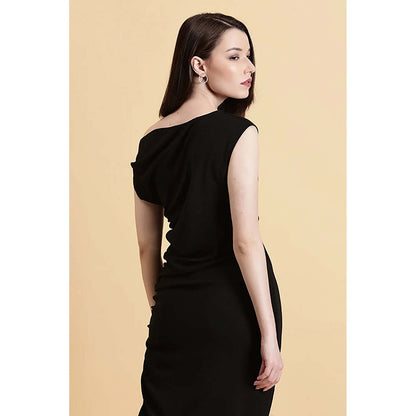Fawn 24 Black Crepe Asymmetrical Solid/Plain Sleeveless Midi Dress