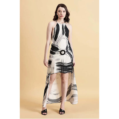 Fawn 24 White Georgette Halter Neck Printed Sleeveless Maxi Dress